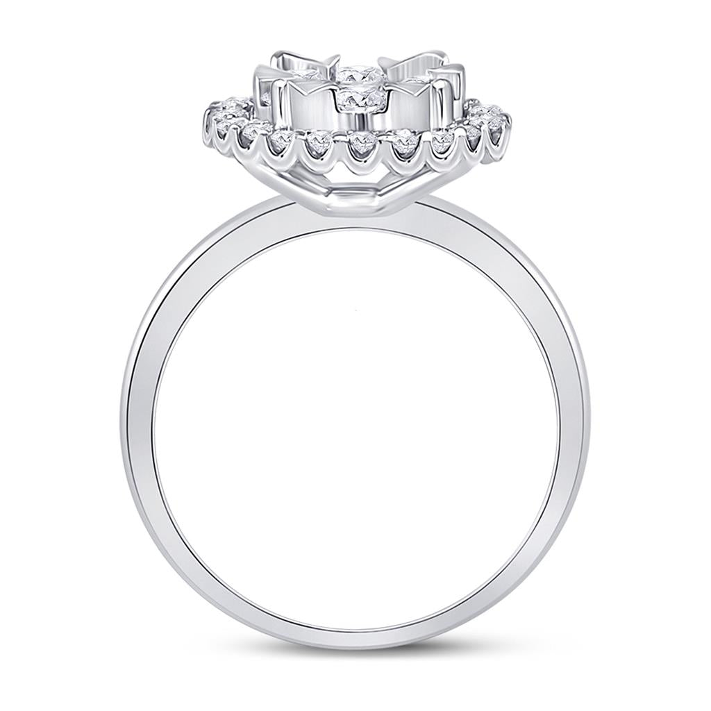 14k White Gold Round Diamond Halo Flower Cluster Ring 1 Cttw