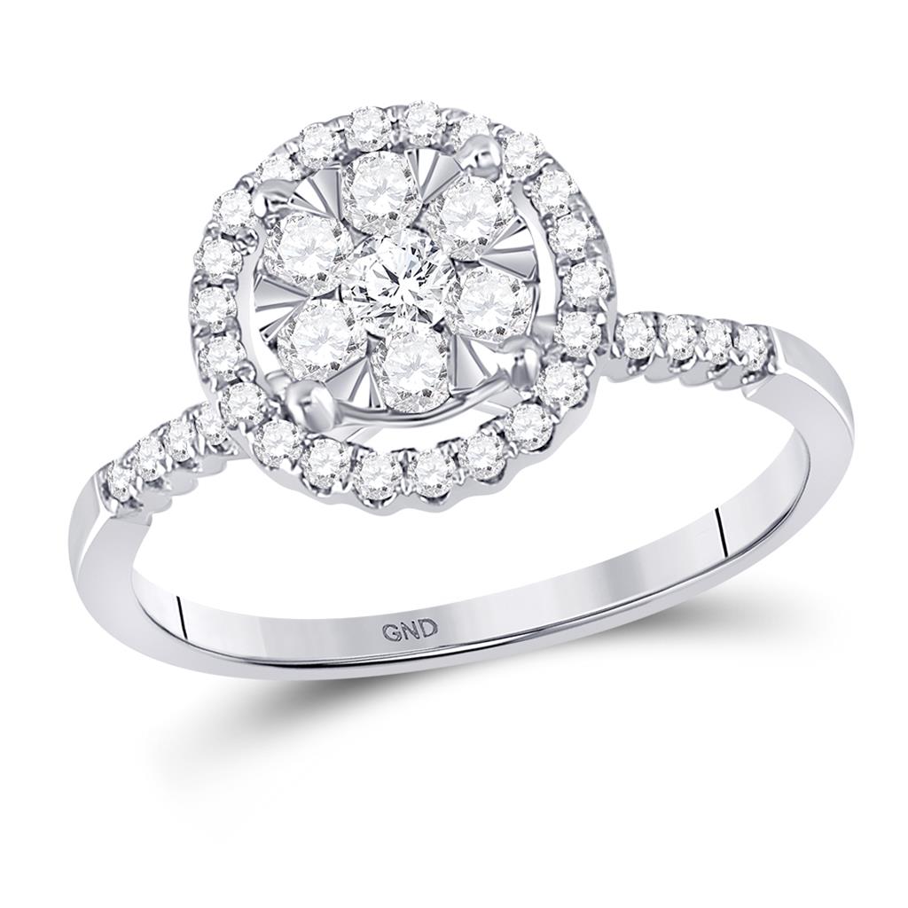 14k White Gold Round Diamond Halo Flower Cluster Ring 1/2 Cttw