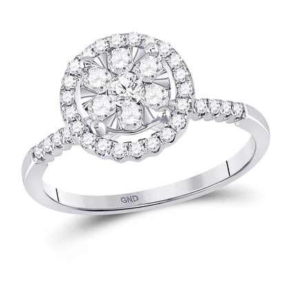 14k White Gold Round Diamond Halo Flower Cluster Ring 1/2 Cttw