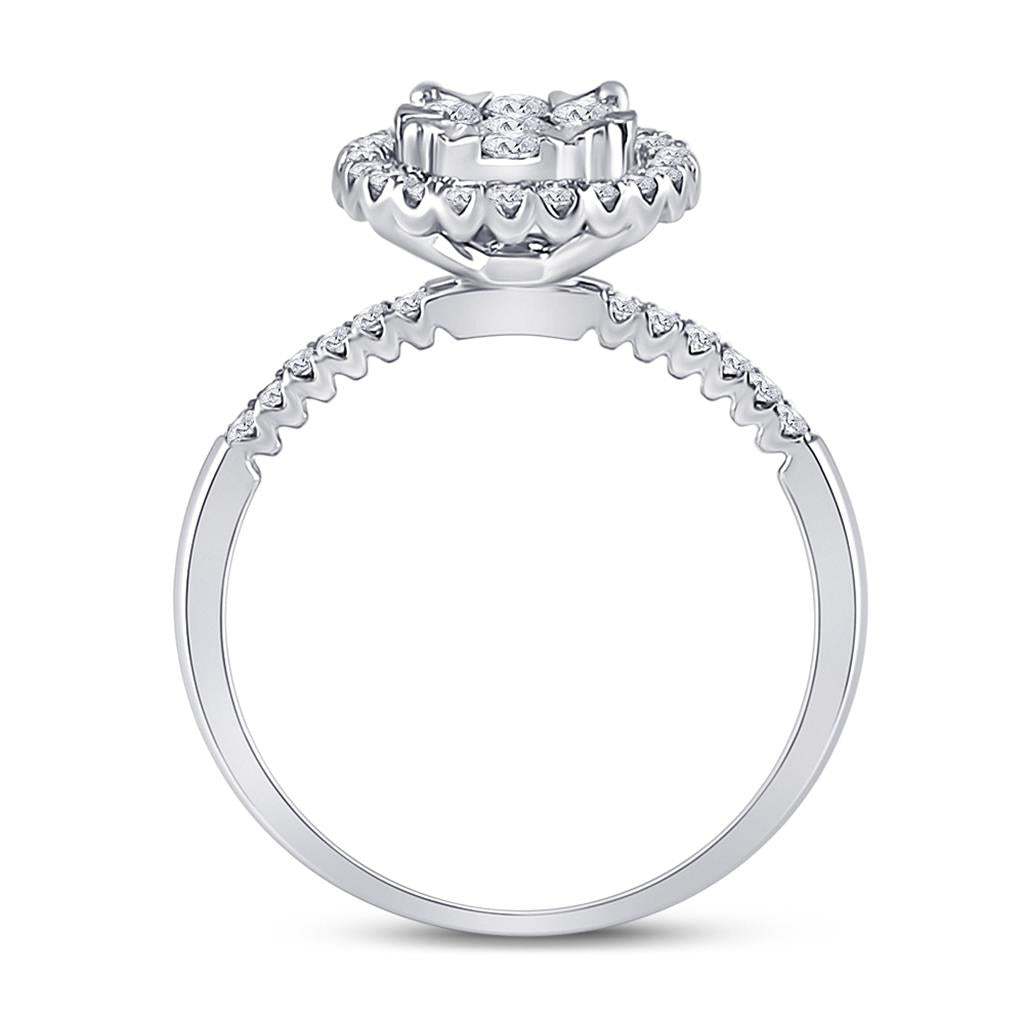14k White Gold Round Diamond Halo Flower Cluster Ring 1/2 Cttw