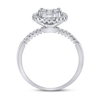 14k White Gold Round Diamond Halo Flower Cluster Ring 1/2 Cttw