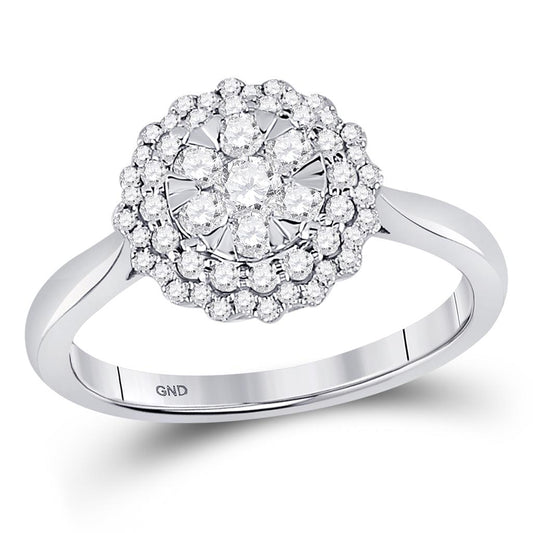 14k White Gold Round Diamond Halo Flower Cluster Ring 1/2 Cttw