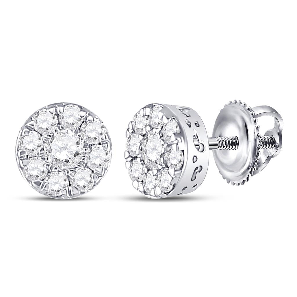 14k White Gold Round Diamond Cluster Earrings 1/2 Cttw