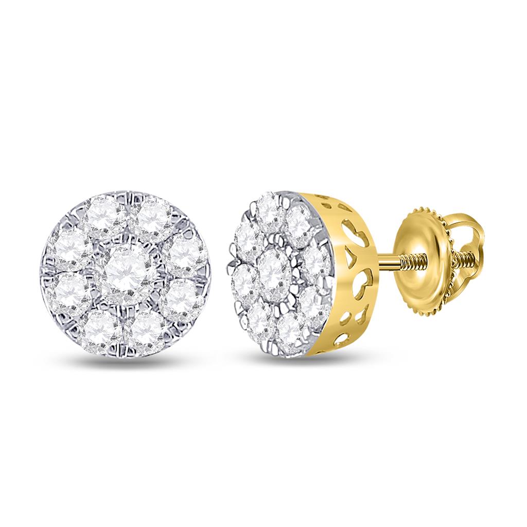 14k Yellow Gold Round Diamond Flower Cluster Earrings 3/4 Cttw