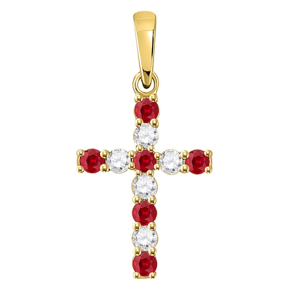 10k Yellow Gold Round Created Ruby Cross Pendant 3/8 Cttw