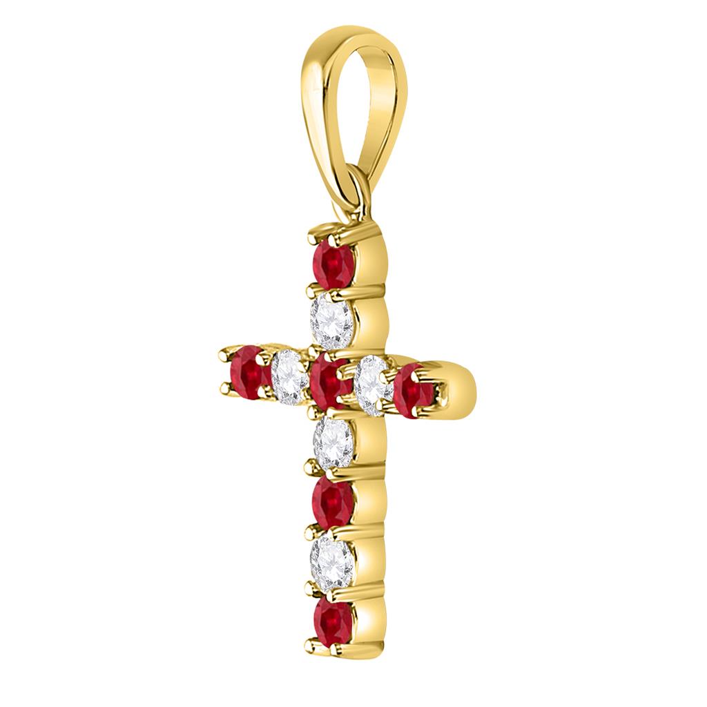 10k Yellow Gold Round Created Ruby Cross Pendant 3/8 Cttw