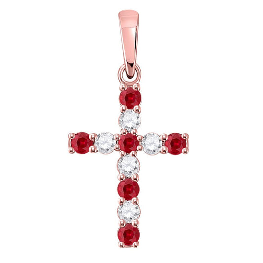 10k Rose Gold Round Created Ruby Cross Pendant 3/8 Cttw