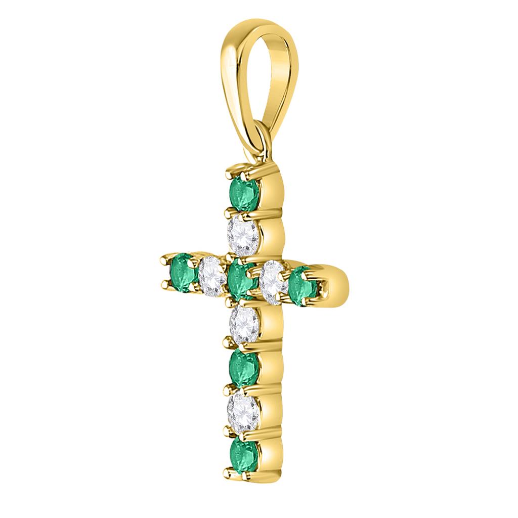 10k Yellow Gold Round Created Emerald Cross Pendant 1/3 Cttw