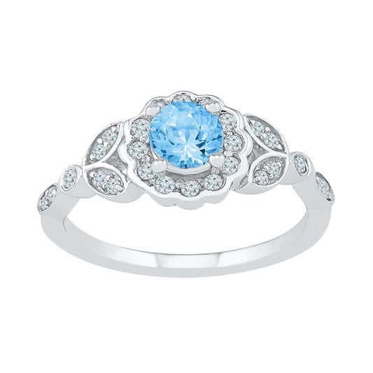 14k White Gold Round Created Blue Topaz Solitaire Flower Ring 7/8 Cttw