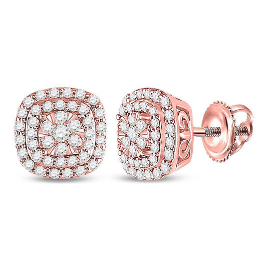 14k Rose Gold Round Diamond Cushion Halo Cluster Earrings 1/2 Ctw