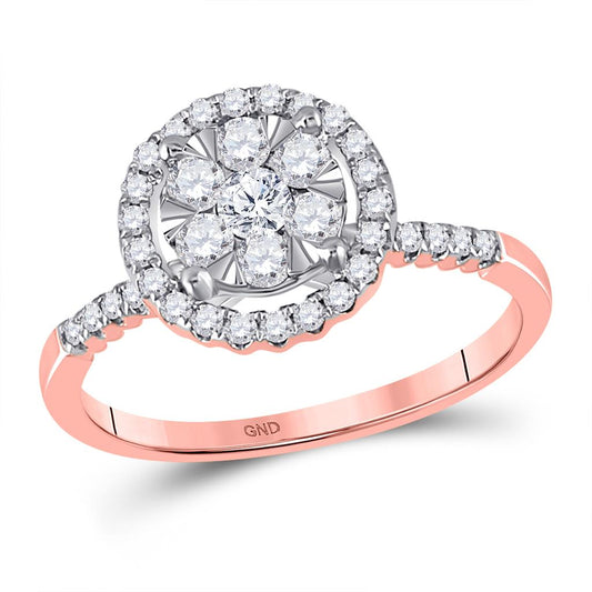 14k Rose Gold Round Diamond Halo Flower Cluster Ring 1/2 Cttw