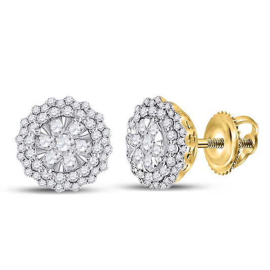 14k Yellow Gold Round Diamond Halo Cluster Earrings 1 Cttw