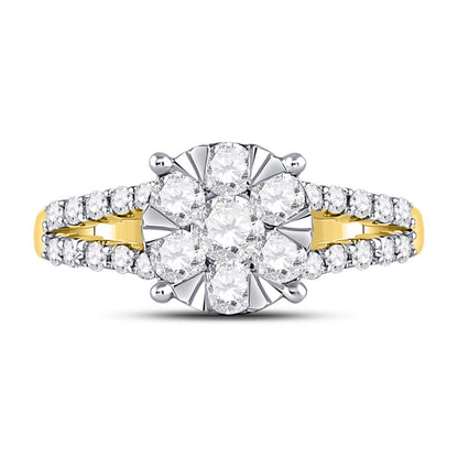 14k Yellow Gold Round Diamond Flower Cluster Ring 1 Cttw