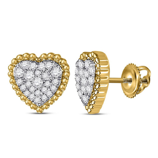 10k Yellow Gold Round Diamond Beaded Heart Earrings 1/4 Cttw