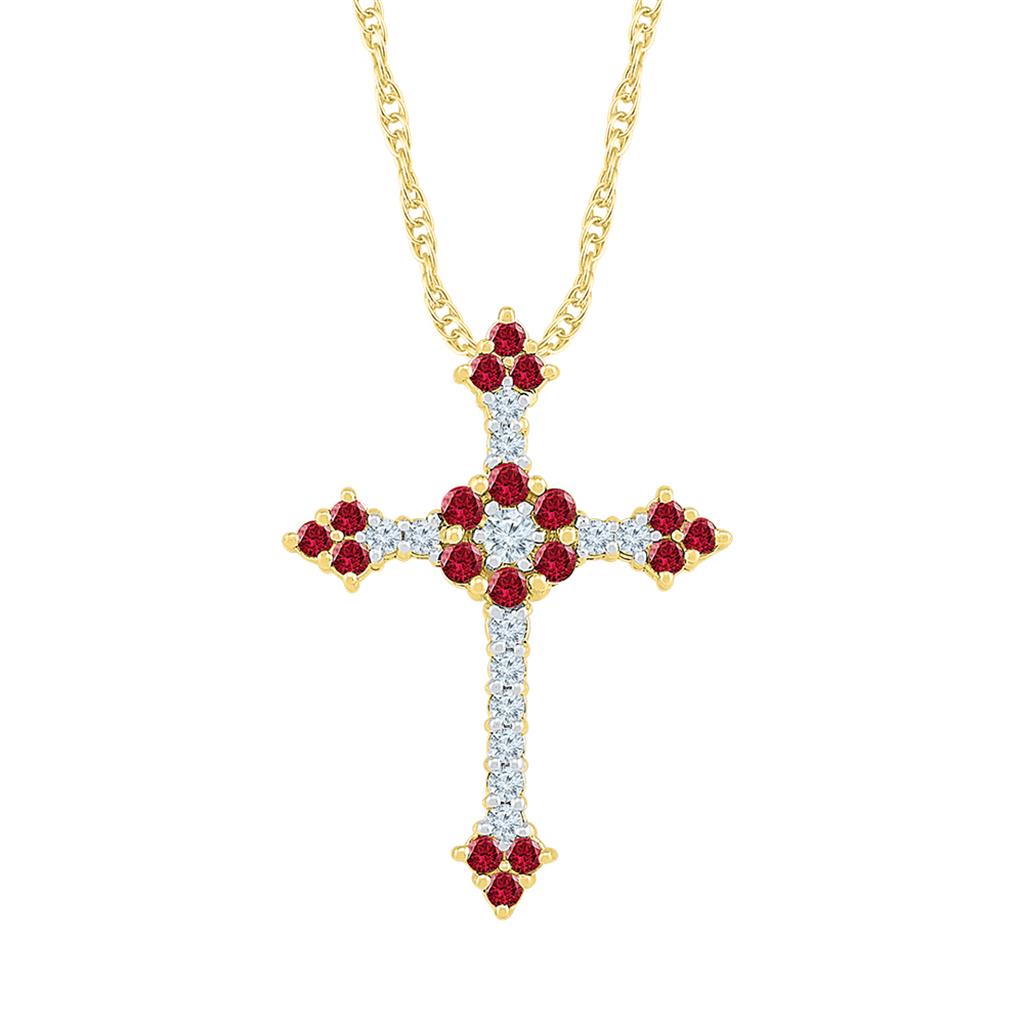 10k Yellow Gold Round Created Ruby Cross Pendant 1 Cttw