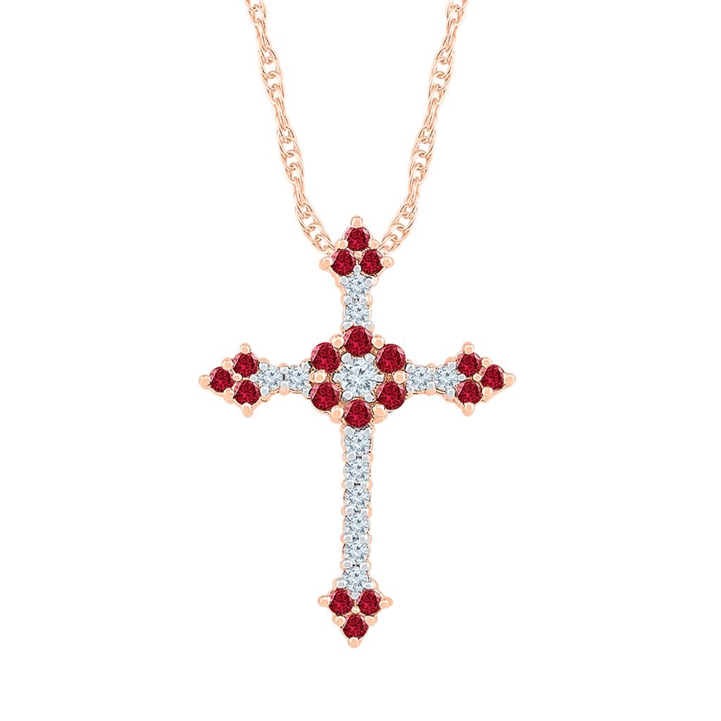 10k Rose Gold Round Created Ruby Faith Cross Pendant 1 Cttw