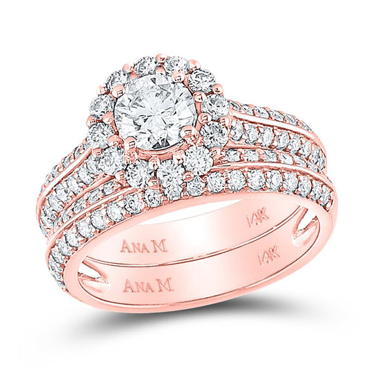 14k Rose Gold Round Diamond Bridal Wedding Ring Set 1-7/8 Cttw (Certified)