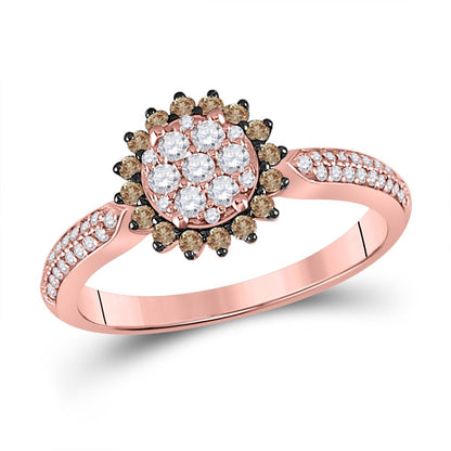 10k Rose Gold Round Brown Diamond Halo Cluster Ring 1/2 Cttw