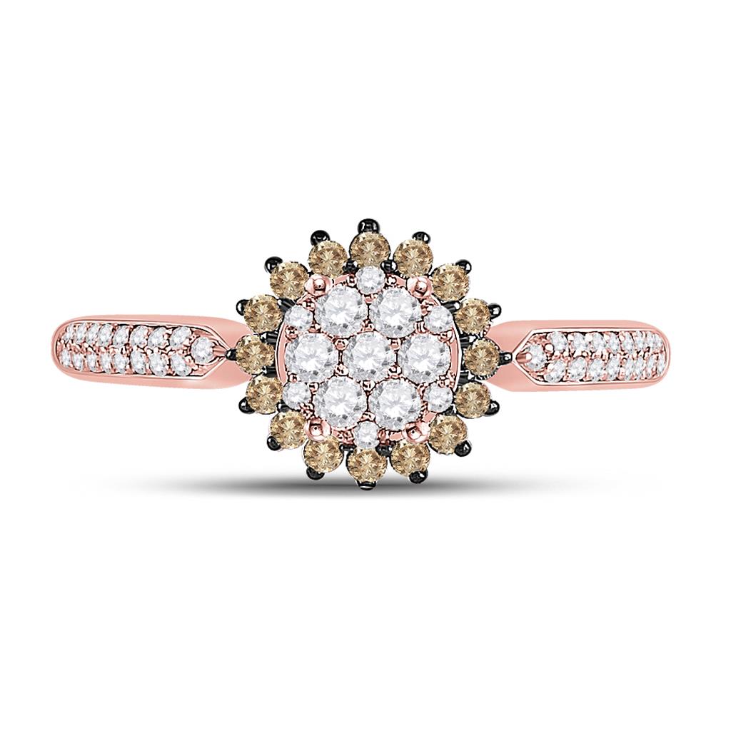 10k Rose Gold Round Brown Diamond Halo Cluster Ring 1/2 Cttw