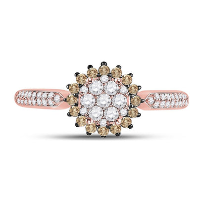 10k Rose Gold Round Brown Diamond Halo Cluster Ring 1/2 Cttw