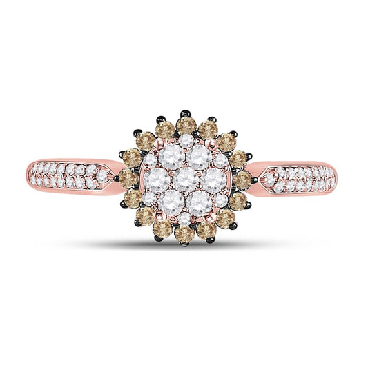 10k Rose Gold Round Brown Diamond Halo Cluster Ring 1/2 Cttw