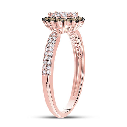 10k Rose Gold Round Brown Diamond Halo Cluster Ring 1/2 Cttw
