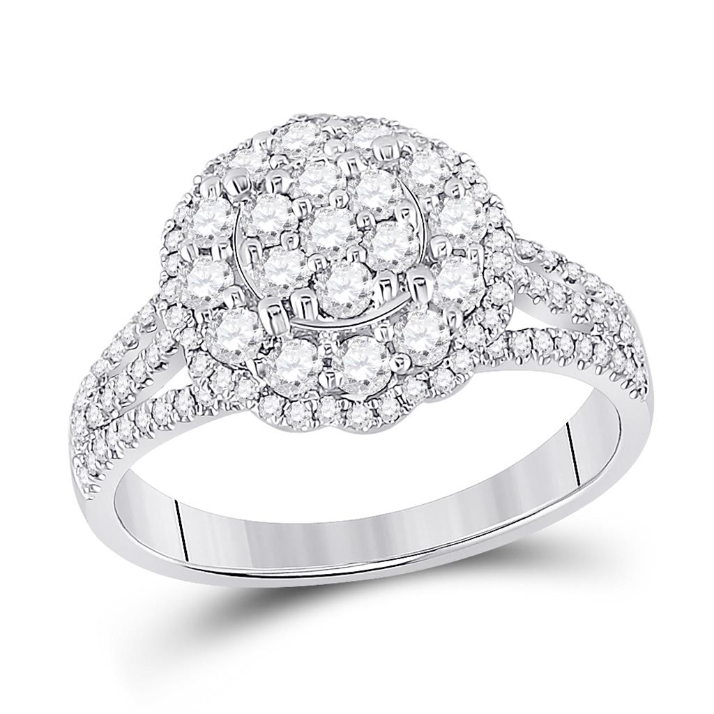 14k White Gold Round Diamond Halo Flower Cluster Ring 7/8 Cttw