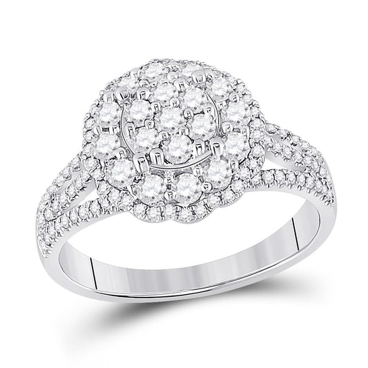 14k White Gold Round Diamond Halo Flower Cluster Ring 7/8 Cttw