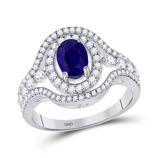 14k White Gold Oval Blue Sapphire Diamond Solitaire Ring 1-1/2 Cttw