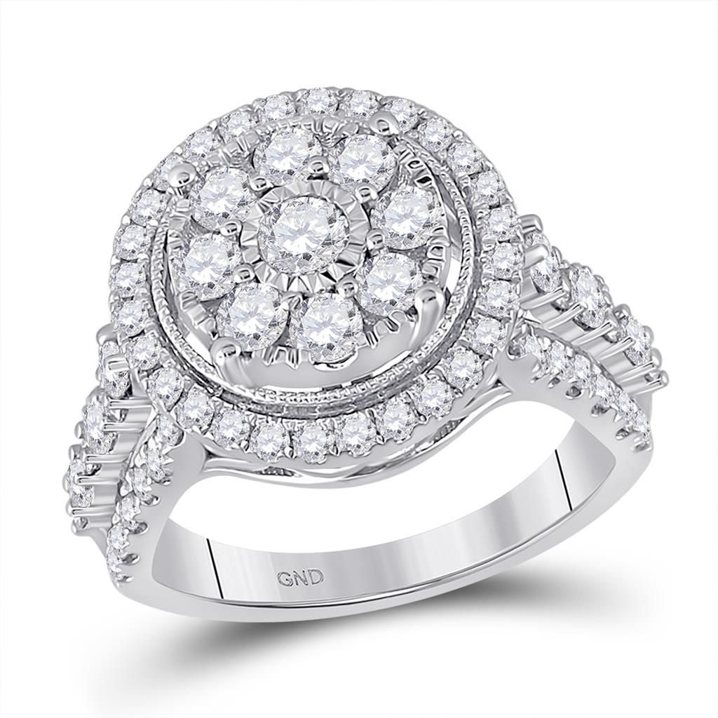 14k White Gold Round Diamond Flower Cluster Ring 1-3/4 Cttw
