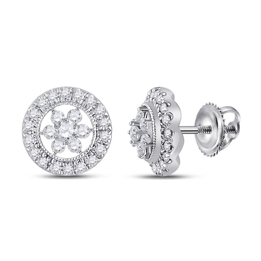 14k White Gold Round Diamond Circle Floral Cluster Earrings 3/8 Cttw