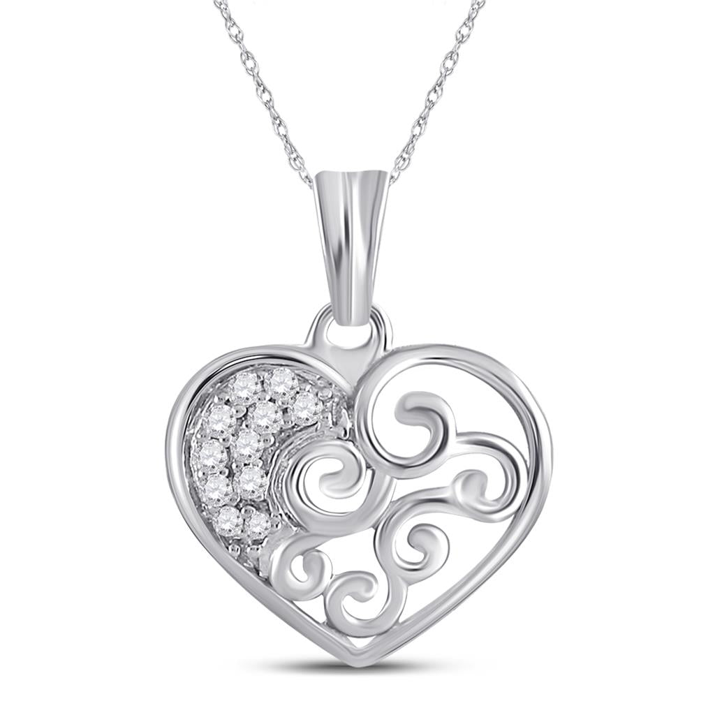 14k White Gold Round Diamond Curl Heart Pendant 1/12 Cttw