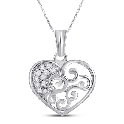 14k White Gold Round Diamond Curl Heart Pendant 1/12 Cttw