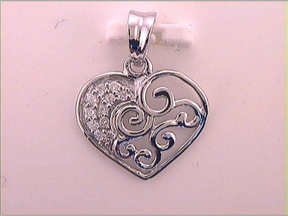 14k White Gold Round Diamond Curl Heart Pendant 1/12 Cttw