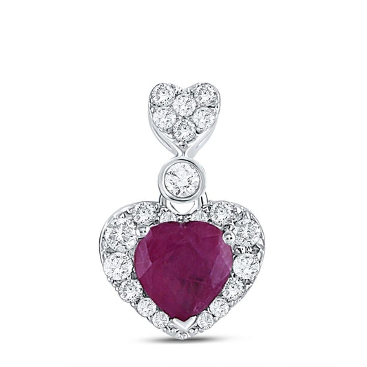 14k White Gold Heart Ruby Diamond Fashion Pendant 3/8 Cttw