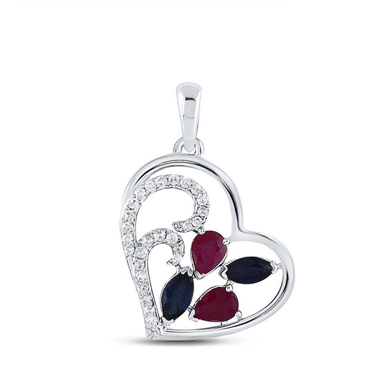 14k White Gold Pear Ruby Blue Sapphire Diamond Heart Pendant 1 Cttw