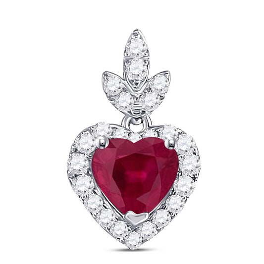 14k White Gold Heart Ruby Diamond Fashion Pendant 3/4 Cttw