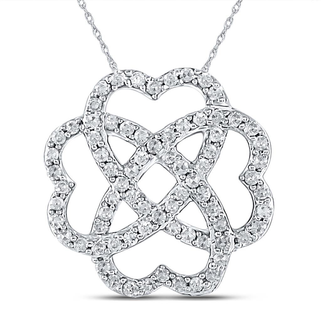 14k White Gold Round Diamond Clover Heart Pendant 1/4 Cttw