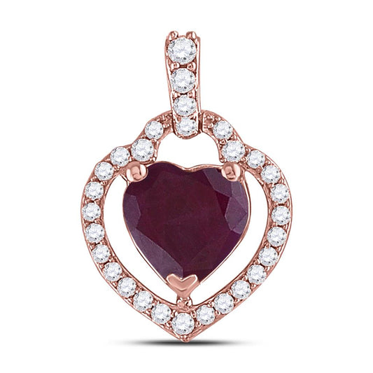 10k Rose Gold Heart Created Ruby Solitaire Pendant 1-1/2 Cttw