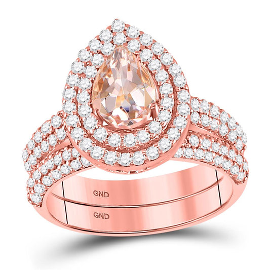 14k Rose Gold Pear Morganite Bridal Wedding Ring Set 1-7/8 Cttw