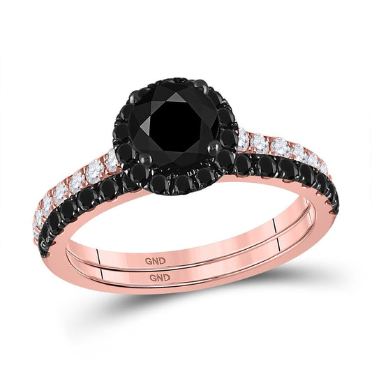 14k Rose Gold Round Black Diamond Bridal Wedding Ring Set 2-1/5 Cttw