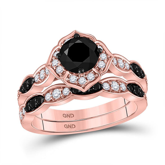 14k Rose Gold Round Black Diamond Bridal Wedding Ring Set 2 Cttw