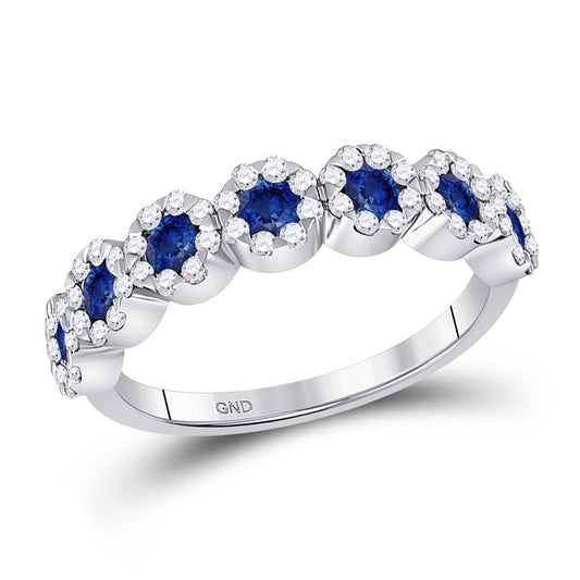 14k White Gold Round Blue Sapphire Diamond Band Ring 1-1/5 Cttw