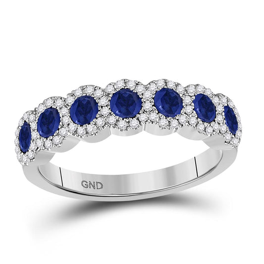 14k White Gold Round Blue Sapphire Diamond Band Ring 1-1/4 Cttw