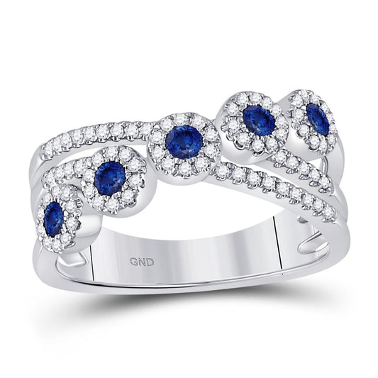 14k White Gold Round Blue Sapphire Crossover Band Ring 1/2 Cttw
