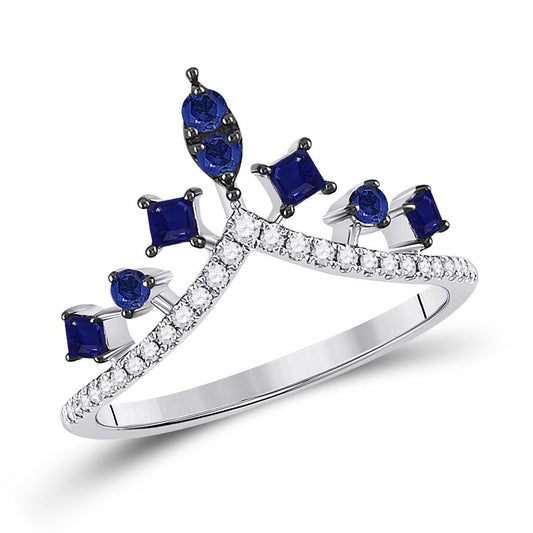 14k White Gold Round Created Blue Sapphire Chevron Fashion Ring 1 Cttw