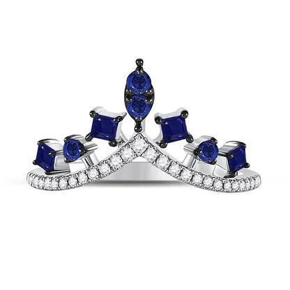 14k White Gold Round Created Blue Sapphire Chevron Fashion Ring 1 Cttw