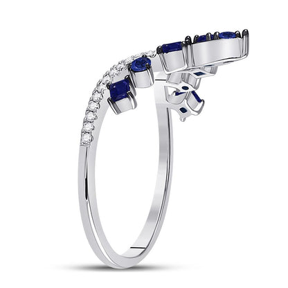 14k White Gold Round Created Blue Sapphire Chevron Fashion Ring 1 Cttw