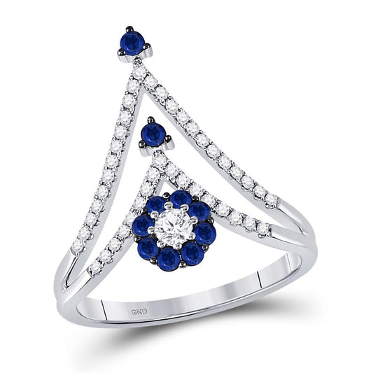 14k White Gold Round Blue Sapphire Chevron Band Ring 5/8 Cttw