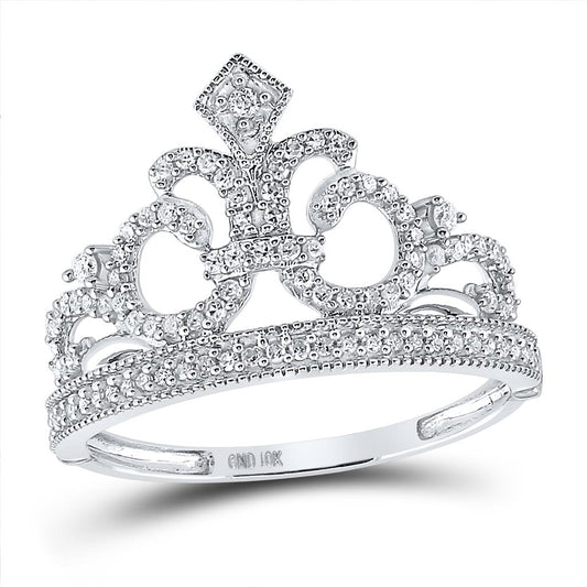 14k White Gold Round Diamond Fleur Crown Tiara Fashion Ring 1/5 Cttw